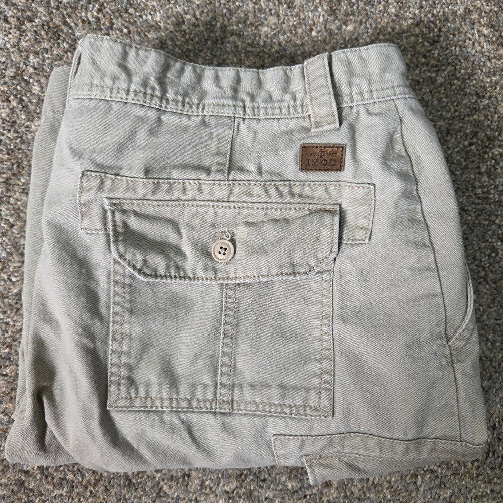 IZOD Mens Cargo Shorts Tan Khaki Cotton Twill Multi Pocket‎ Size 36